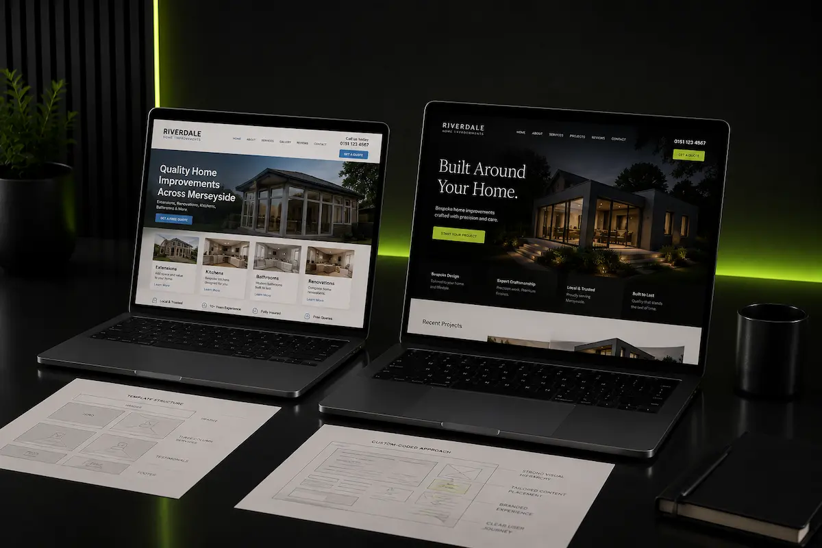 Editorial image illustrating custom website design and template comparisons