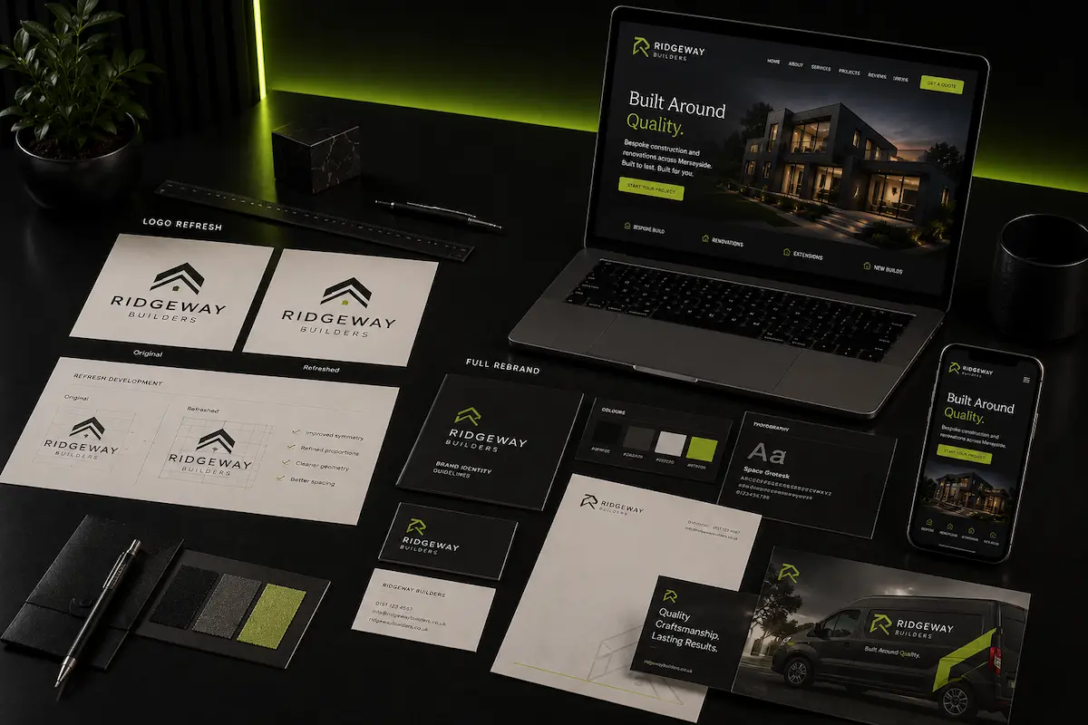 Bold brand identity application illustrating an article about rebranding