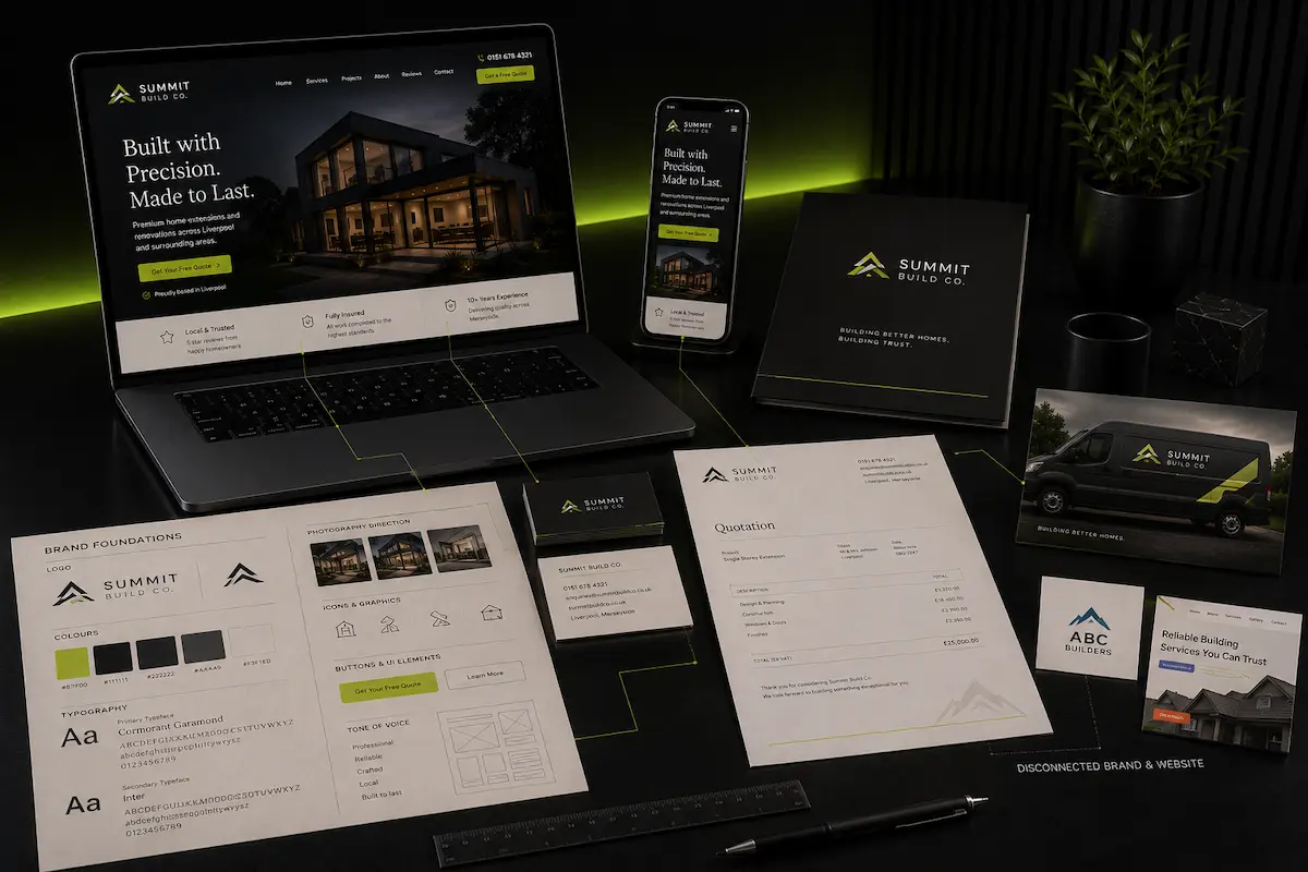 Connected brand and digital applications illustrating a combined identity and website article