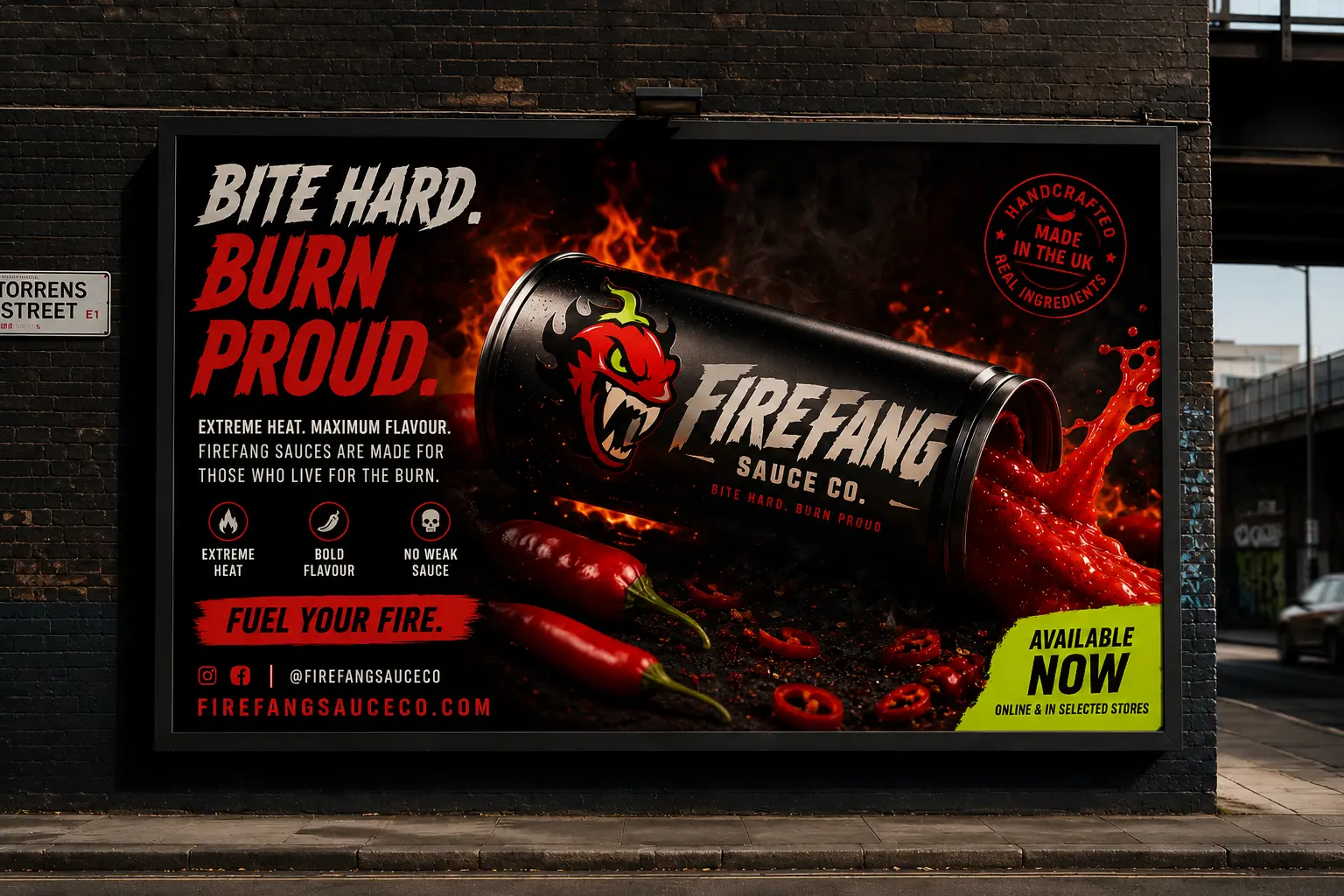 Firefang Sauce Co bold food and beverage brand identity application