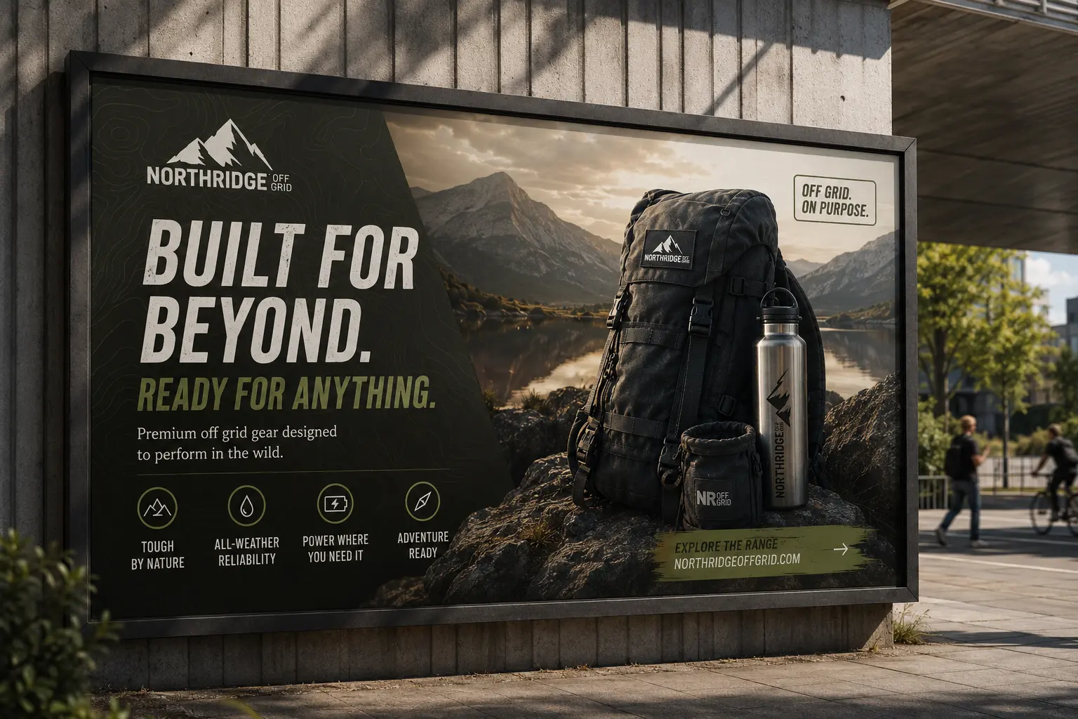 Detailed Northridge Off Grid identity and outdoor applications