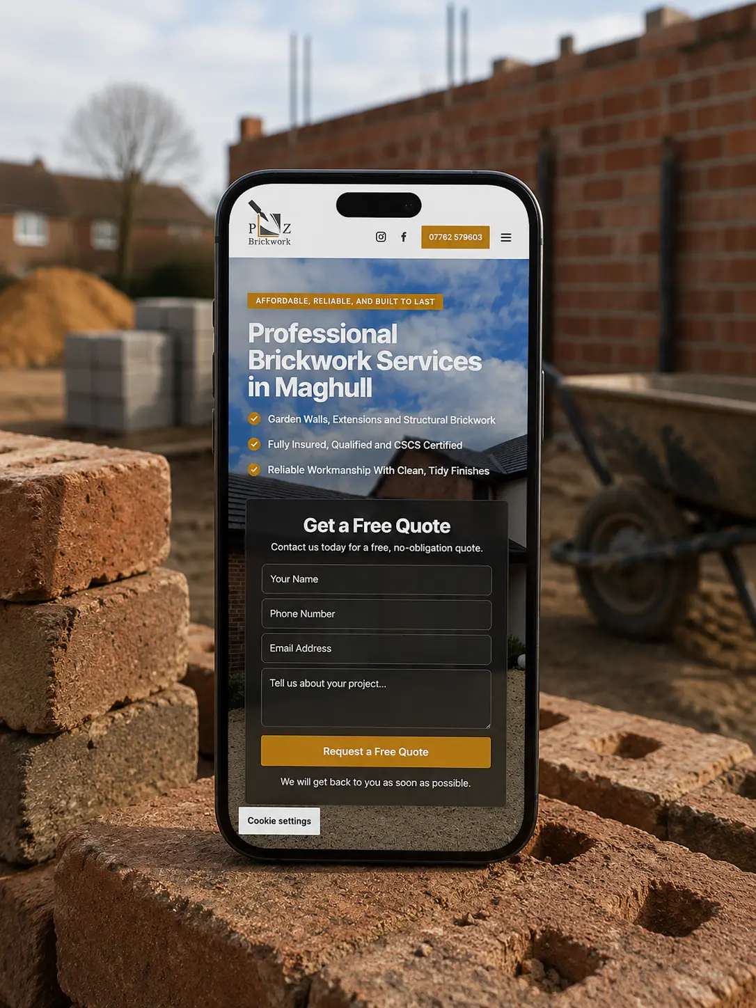 PZ Brickwork website shown inside a browser-style frame